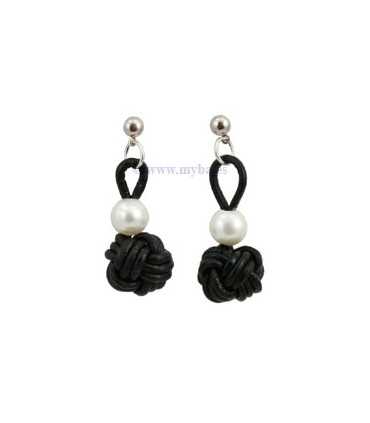 PENDIENTES BOLA CUERO Y PERLA DE RÍO 4 CM APR