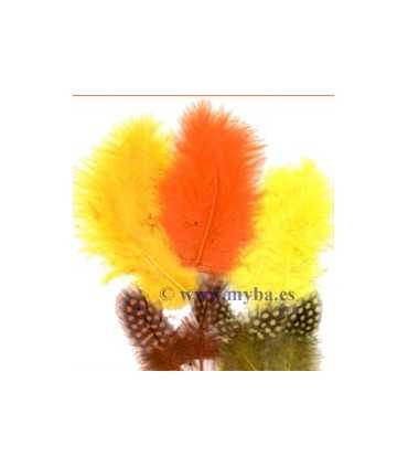 PLUMAS MARABÚ Y PINTADA MIX TEÑIDO NARANJA 18 UD