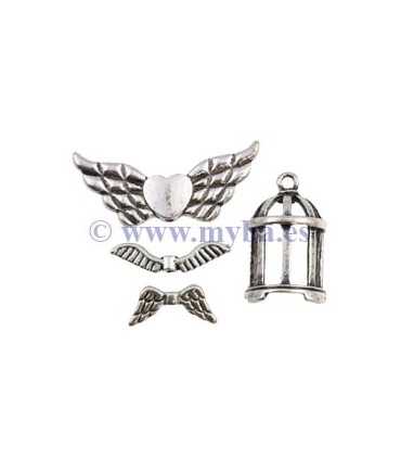 SET COLGANTES 3 ALAS Y JAULA PLATA ANTIGUA