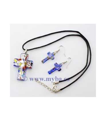 COLLAR Y PENDIENTES CRISTAL ARTESANAL CRUZ AZUL