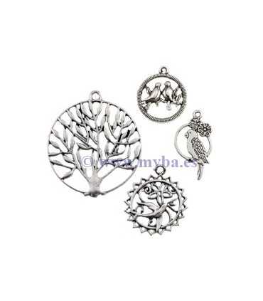 SET COLGANTES 3 PÁJAROS Y ÁRBOL PLATA ANTIGUA
