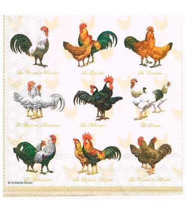 SERVILLETAS AMBIENTE 33x33cm 20 UD GALLOS CREMA