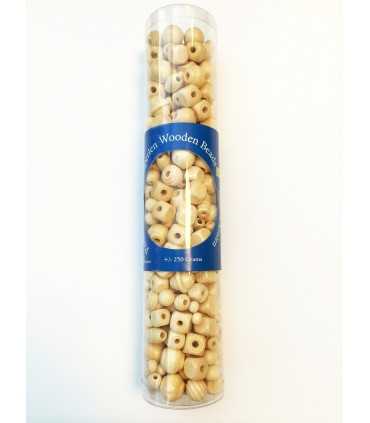 TUBO DE CUENTAS DE MADERA DE 250 GRAMOS.