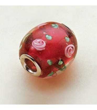 CUENTA CRISTAL Y METAL OLIVA FLORES ROJA 15x16 MM