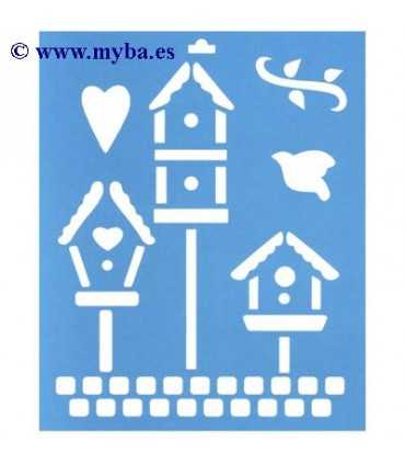 PLANTILLA PLÁSTICO STENCIL 21x17 CM CASITAS PÁJARO