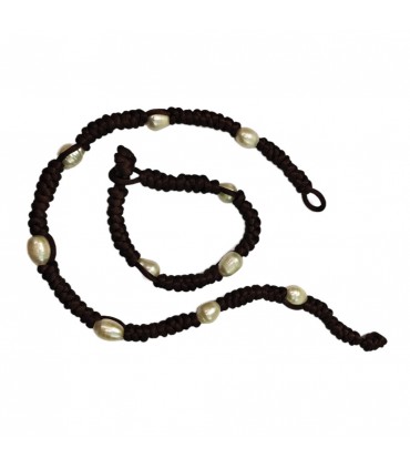 PULSERA Y COLLAR PERLA BLANCA Y NUDOS MARRÓN