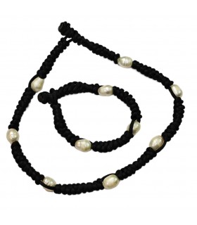 PULSERA Y COLLAR PERLA BLANCA Y NUDOS NEGRO