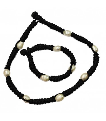 PULSERA Y COLLAR PERLA BLANCA Y NUDOS NEGRO